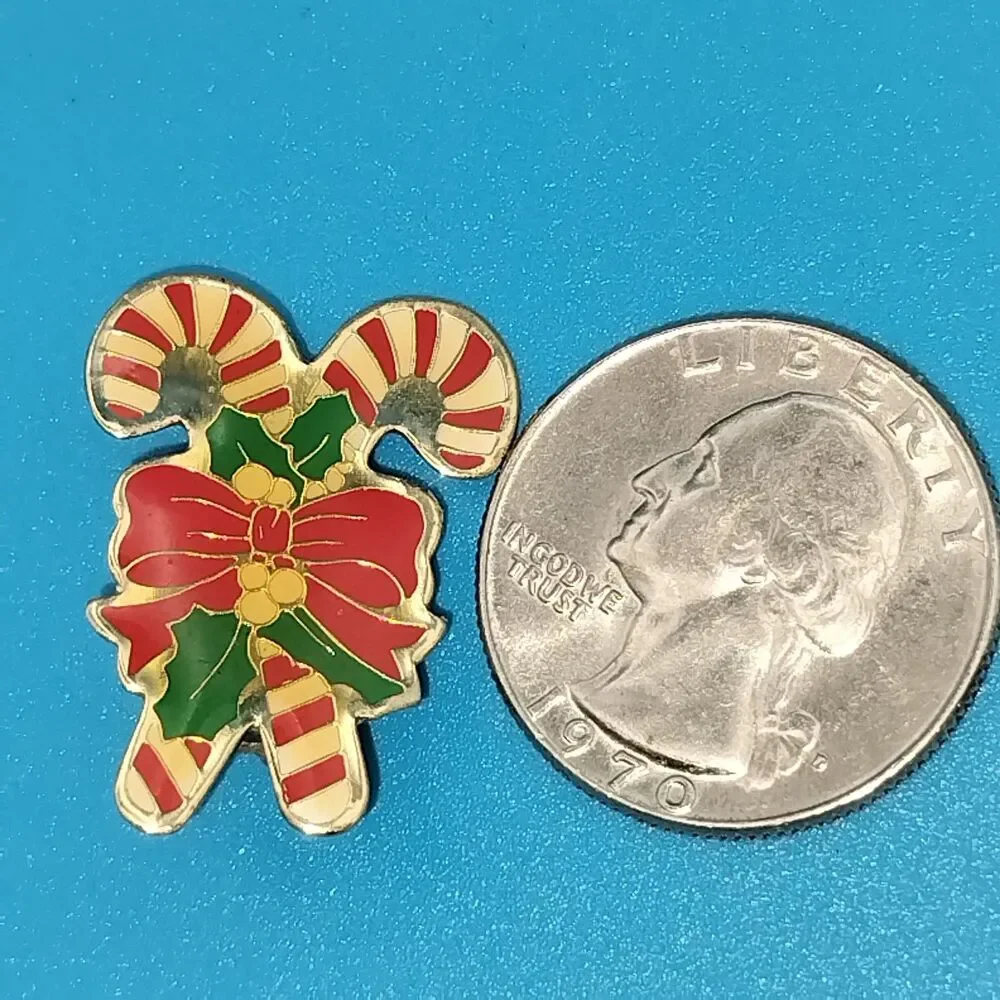 Vintage Christmas Candy Cane Holly Bow Enamel Pin Brooch Holiday Collectible